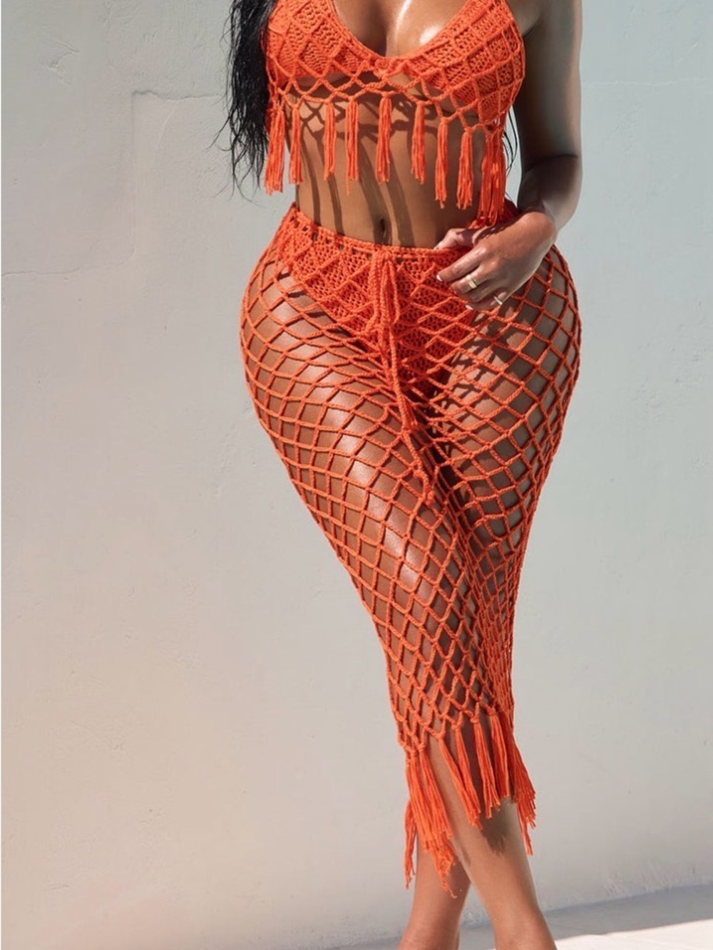Crochet Fringe Bikini Set and Mesh Skirt Cover-Up in Orange